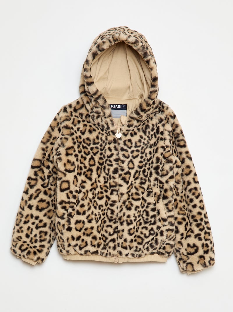Blouson zippé à capuche en fausse fourrure Marron - Kiabi