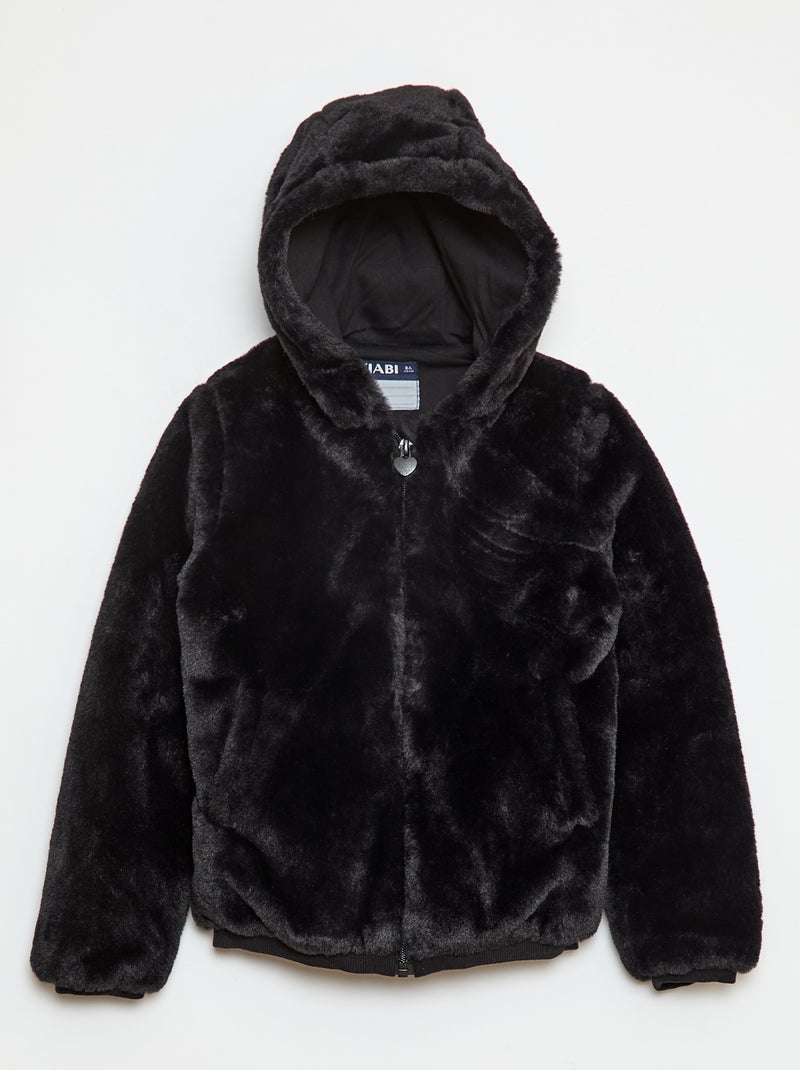 Blouson zippé à capuche en fausse fourrure Noir - Kiabi