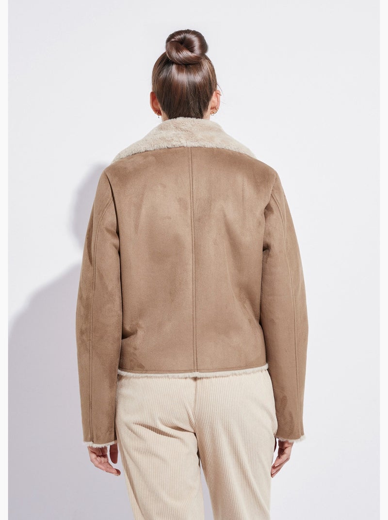 Blouson zippé façon peau lainée - Afibel Taupe - Kiabi
