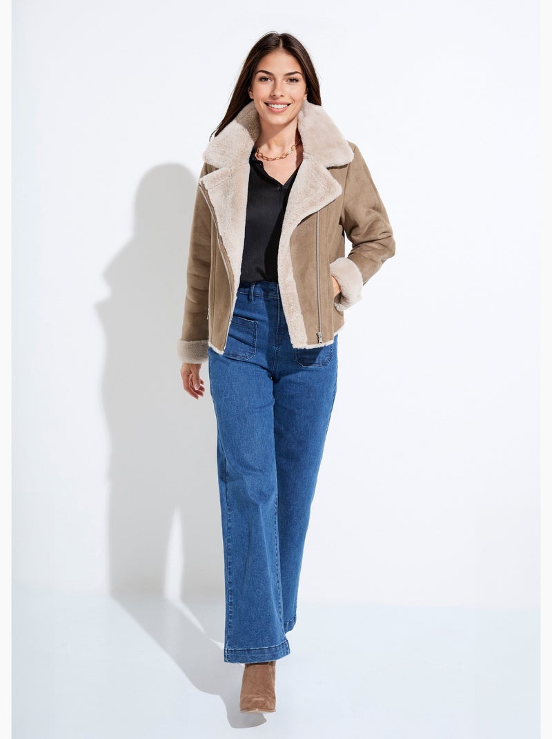 Blouson zippé façon peau lainée - Afibel Taupe - Kiabi
