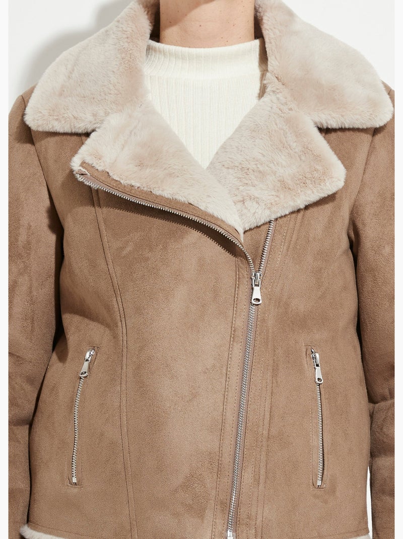 Blouson zippé façon peau lainée - Afibel Taupe - Kiabi
