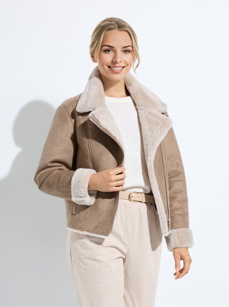 Blouson zippé façon peau lainée Taupe - Kiabi