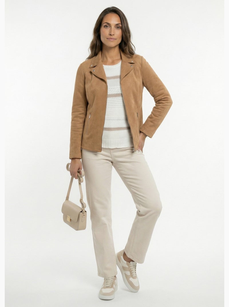 Blouson zippé tissu suédé velouté - Afibel Camel - Kiabi