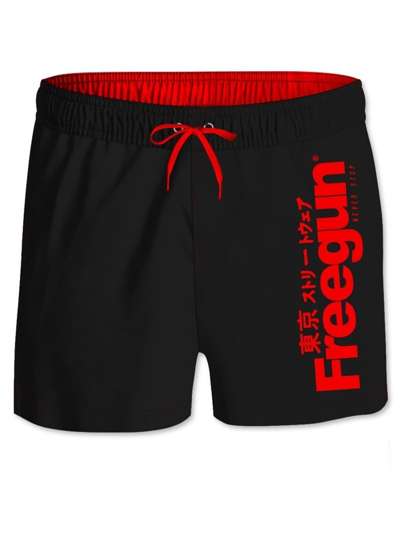 Boardshort Court garçon ceinture élastique Logo Freegun Noir Rouge - Kiabi