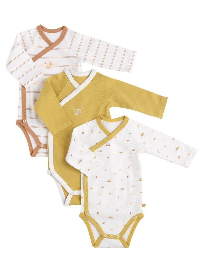 Bodies bébé en coton à manches longues lot de 3 - SAUTHON Blanc Jaune - Kiabi