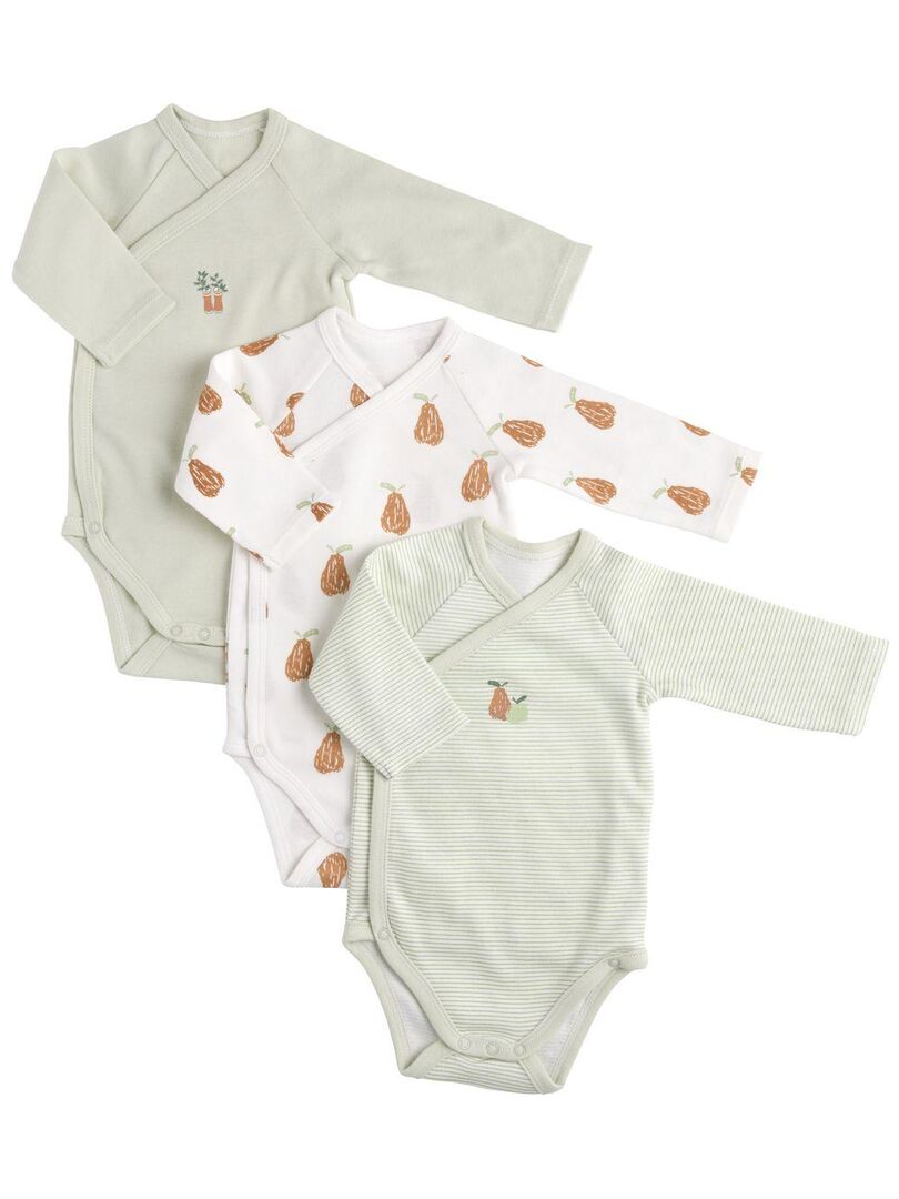 Bodies bébé manches longues en coton lot de 3 - SAUTHON Blanc Vert - Kiabi