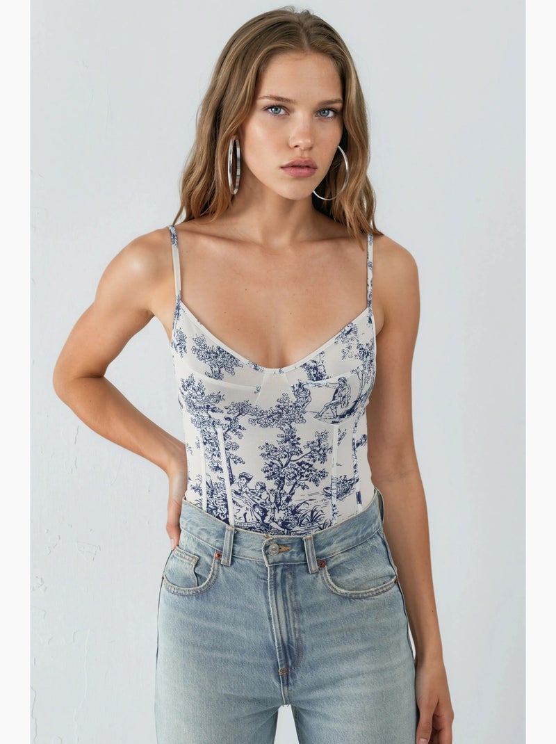 Body à col en v et coupe ajustée à motifs hiccup Blanc - Kiabi