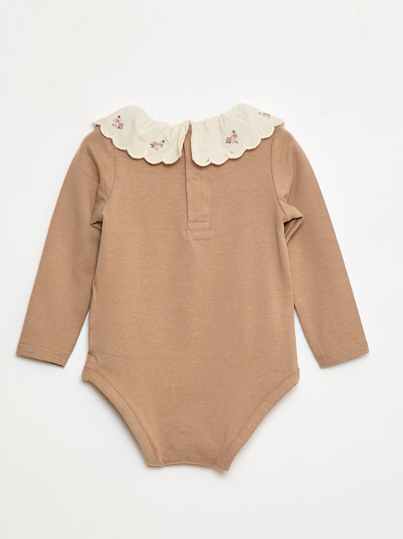 Body à col fantaisie brodé en coton Beige - Kiabi