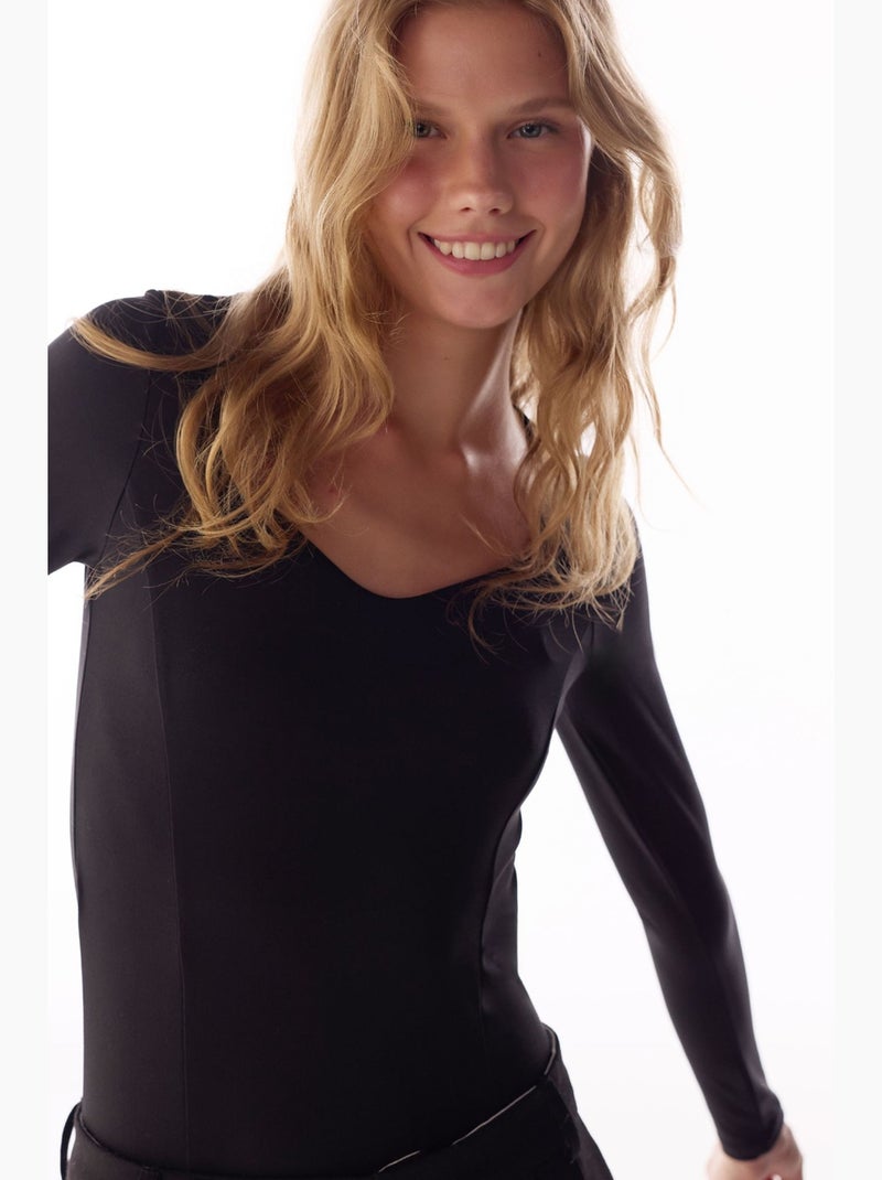 Body à encolure cœur et manches longues penti Noir - Kiabi