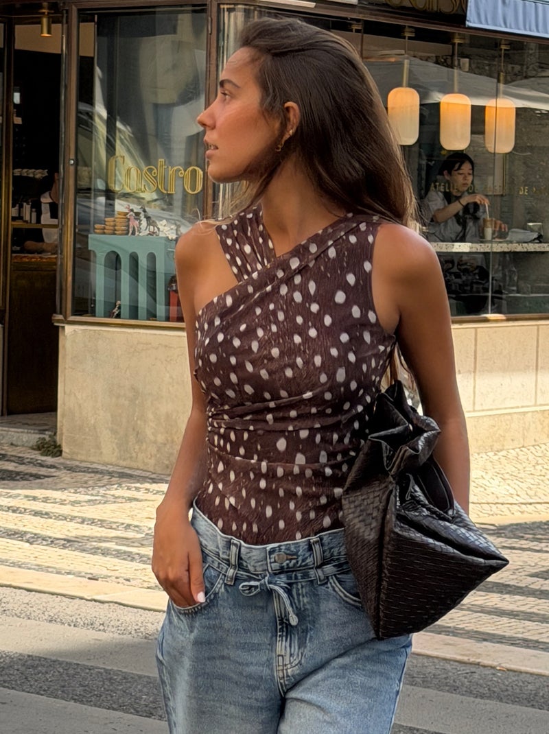 Body à pois avec un col fantaisie Marron - Kiabi