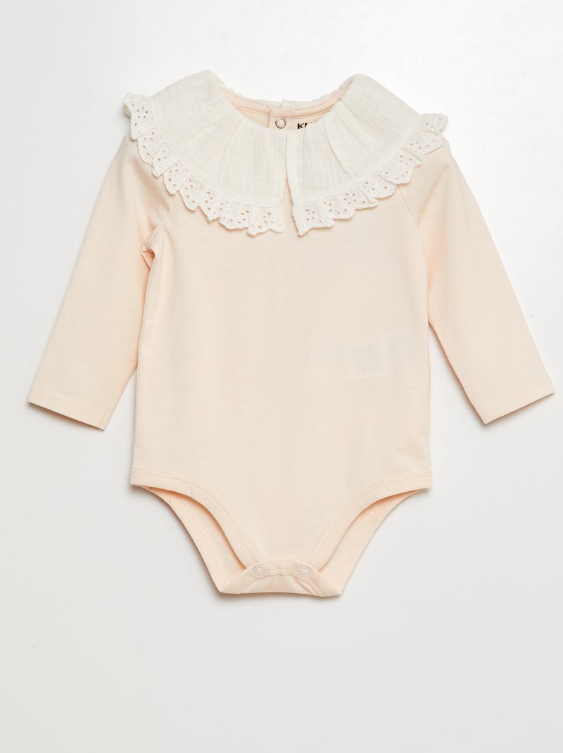 Body avec col en double gaze de coton avec broderies anglaises Rose - Kiabi