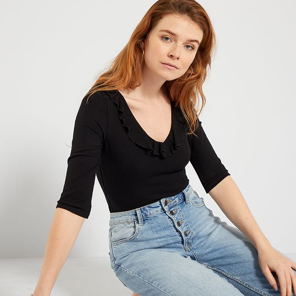 Body côtelé à volants Femme - noir - Kiabi - 12,00€