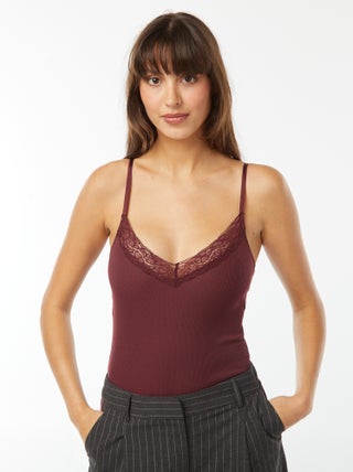 Body côtelé uni avec dentelle