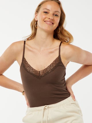 Body côtelé uni avec dentelle