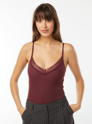 Body côtelé uni avec dentelle