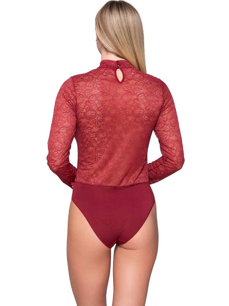 Body dentelle manches longues col montant MICRO TOUCH LACE Rouge - Kiabi