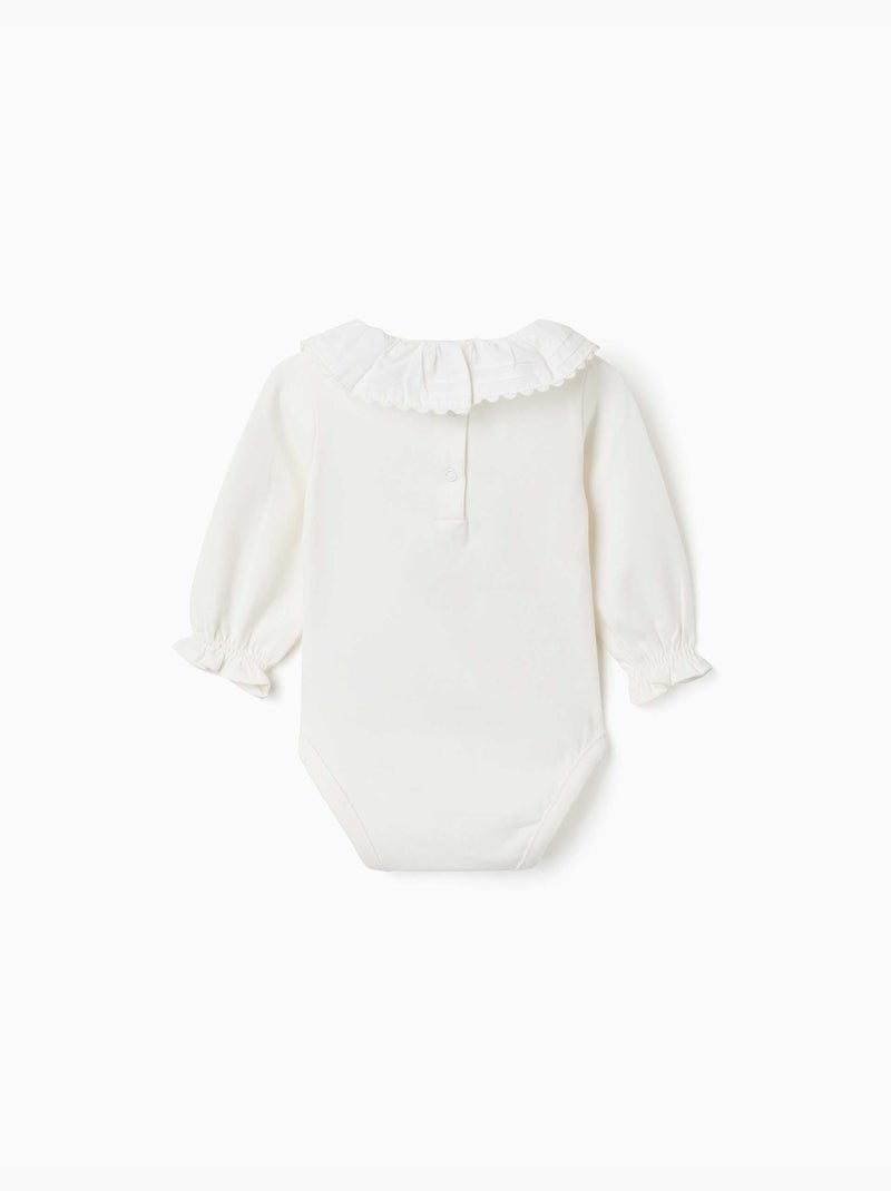 Body en coton à manches longues avec col à volants Blanc - Kiabi