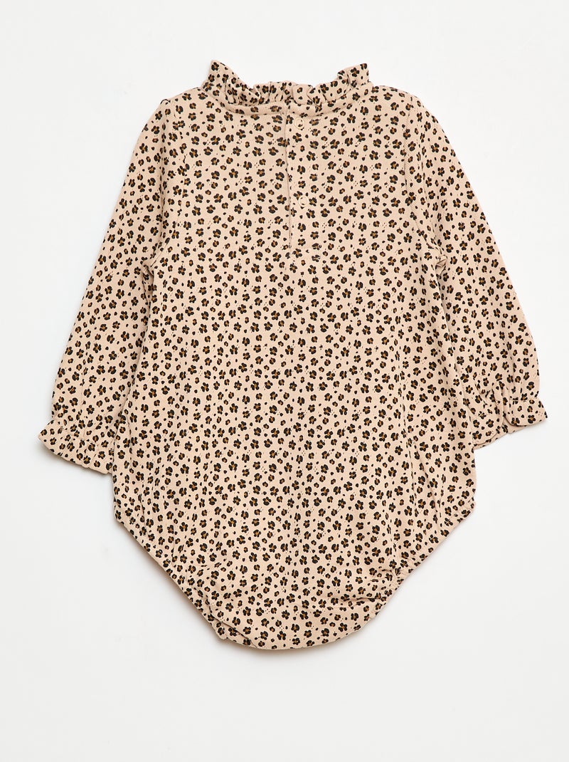Body en maille pointelle avec col volanté et motif all over Beige - Kiabi