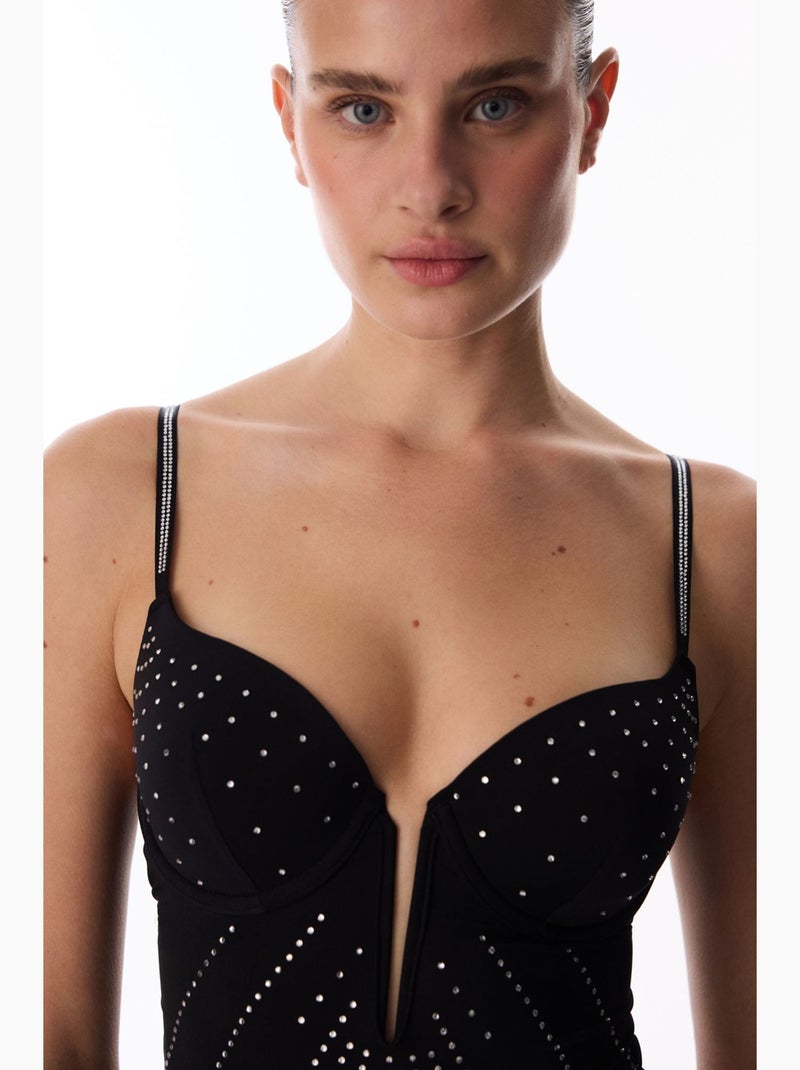Body en satin à col v plongeant avec armatures penti Noir - Kiabi