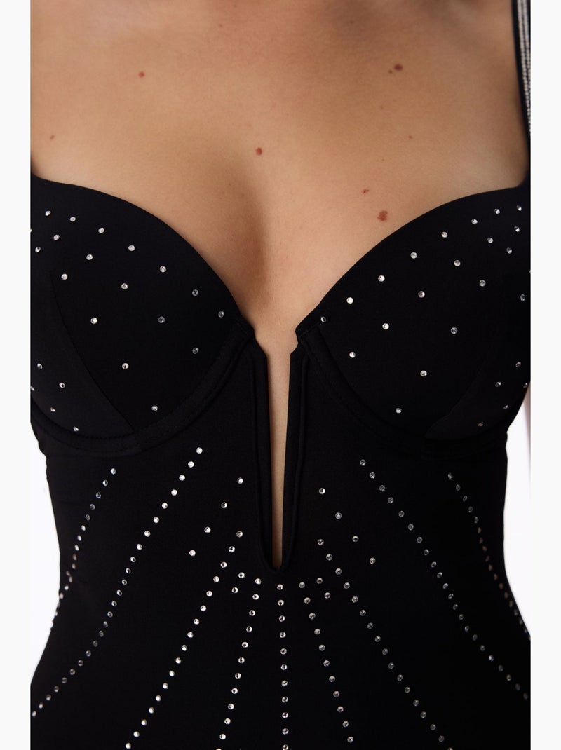 Body en satin à col v plongeant avec armatures penti Noir - Kiabi