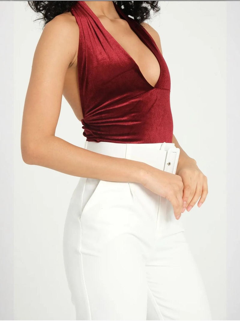 Body en velours à décolleté plongeant et dos nu sans manches Rouge - Kiabi