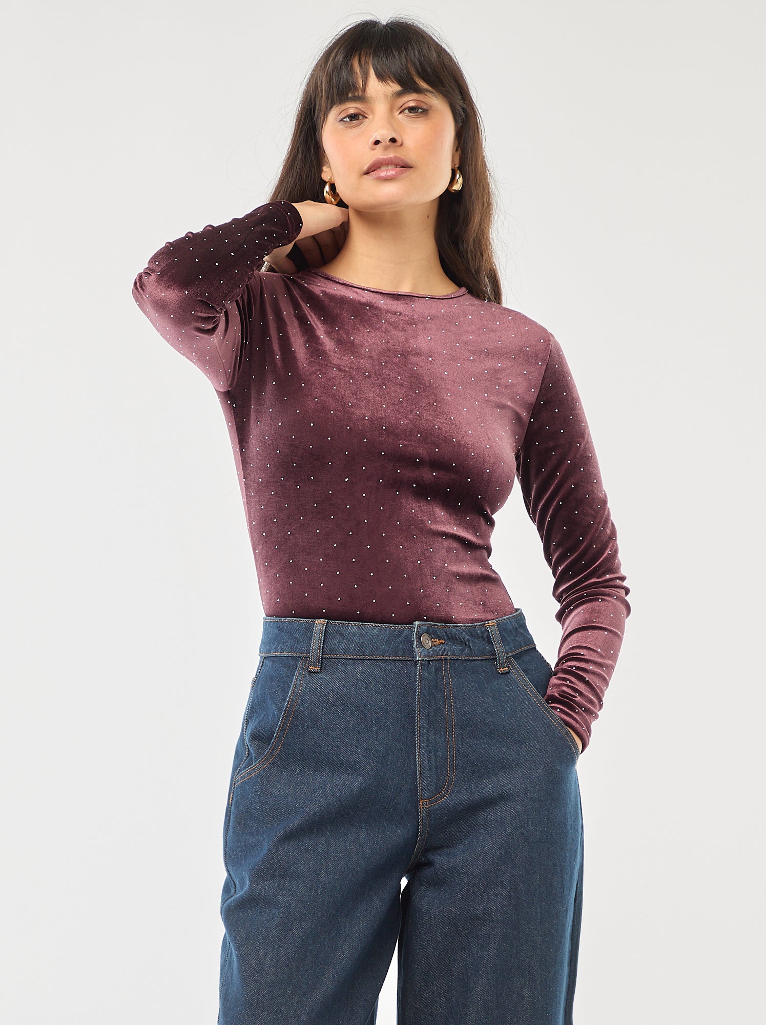 Body manches longues avec strass en velours