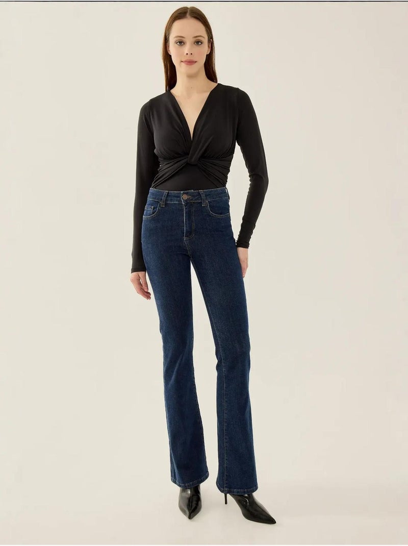 Body slim à manches longues et col en V Noir - Kiabi
