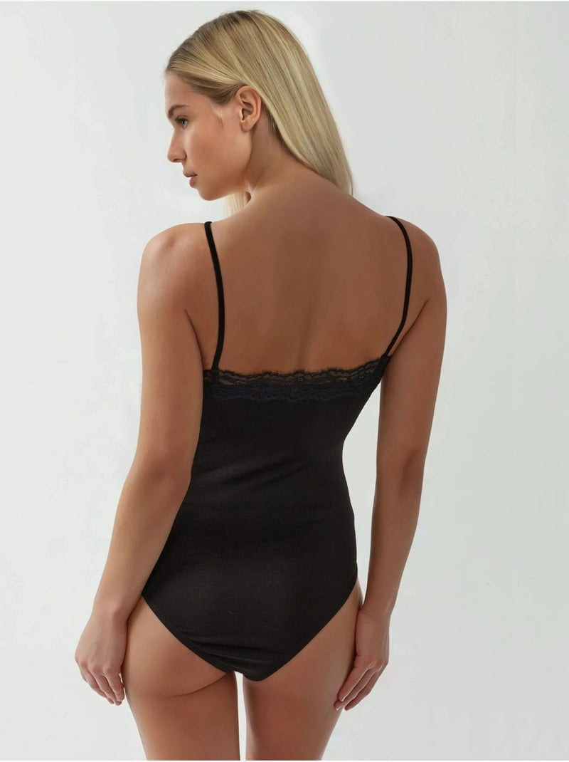 Body slim en dentelle à col en v hiccup Noir - Kiabi