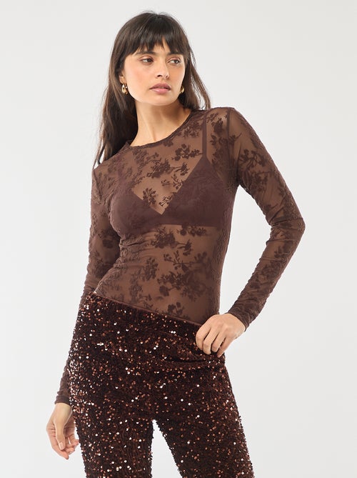 Body transparent avec fleurs en velours - Kiabi