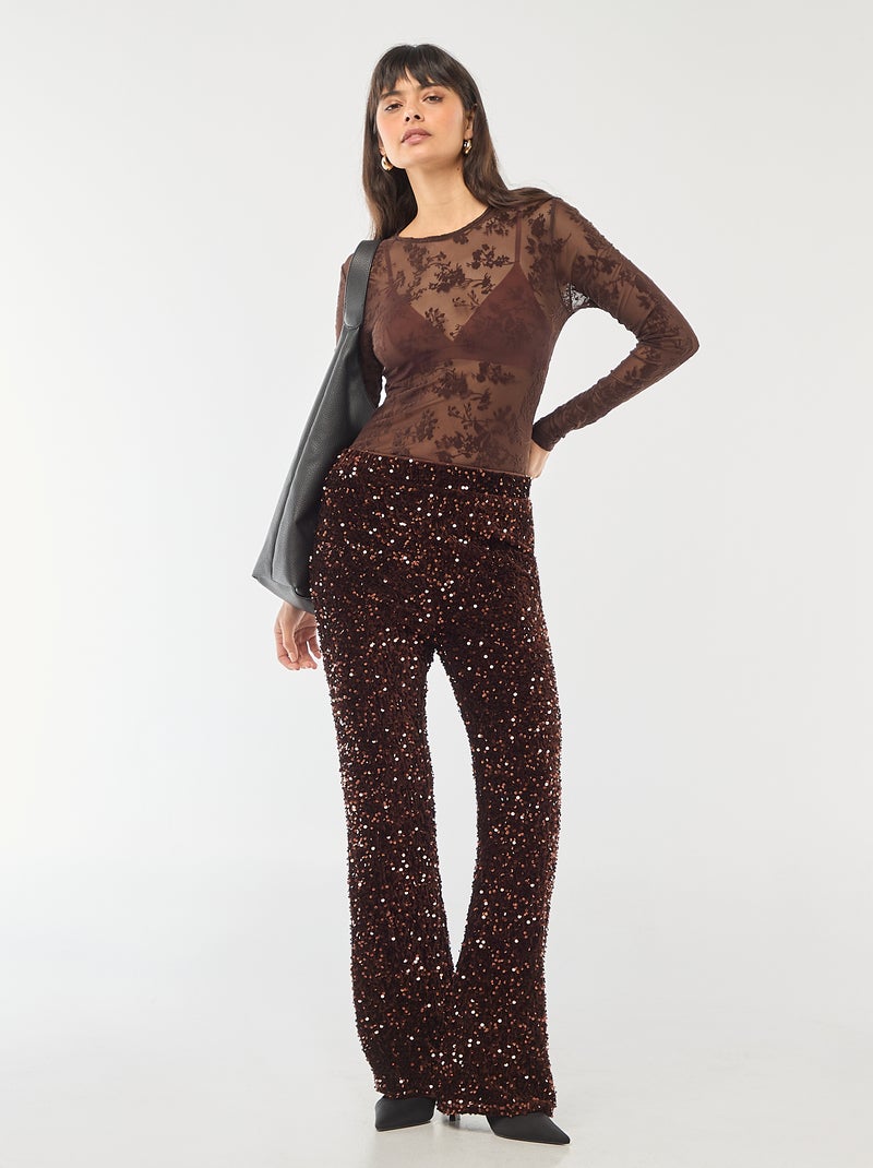 Body transparent avec fleurs en velours Marron - Kiabi