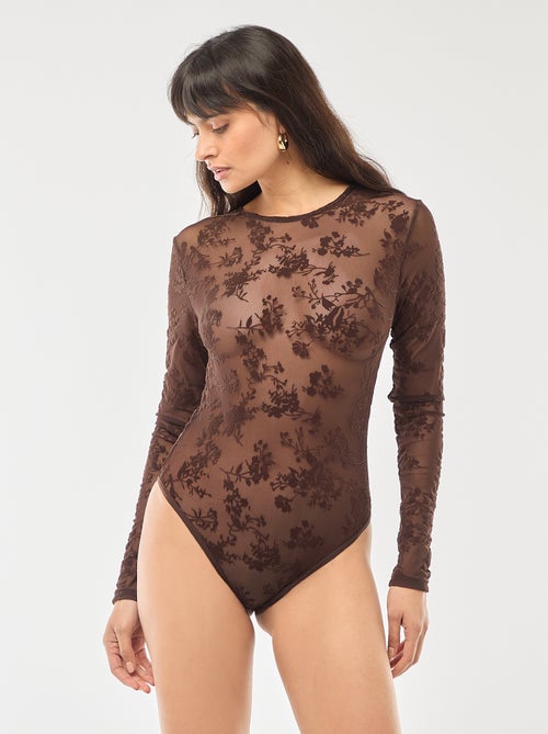 Body transparent avec fleurs en velours - Kiabi