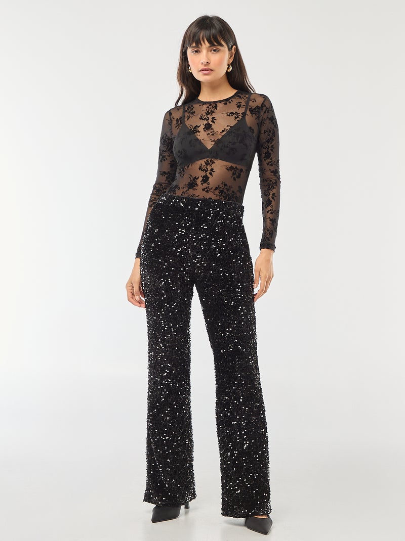 Body transparent avec fleurs en velours Noir - Kiabi
