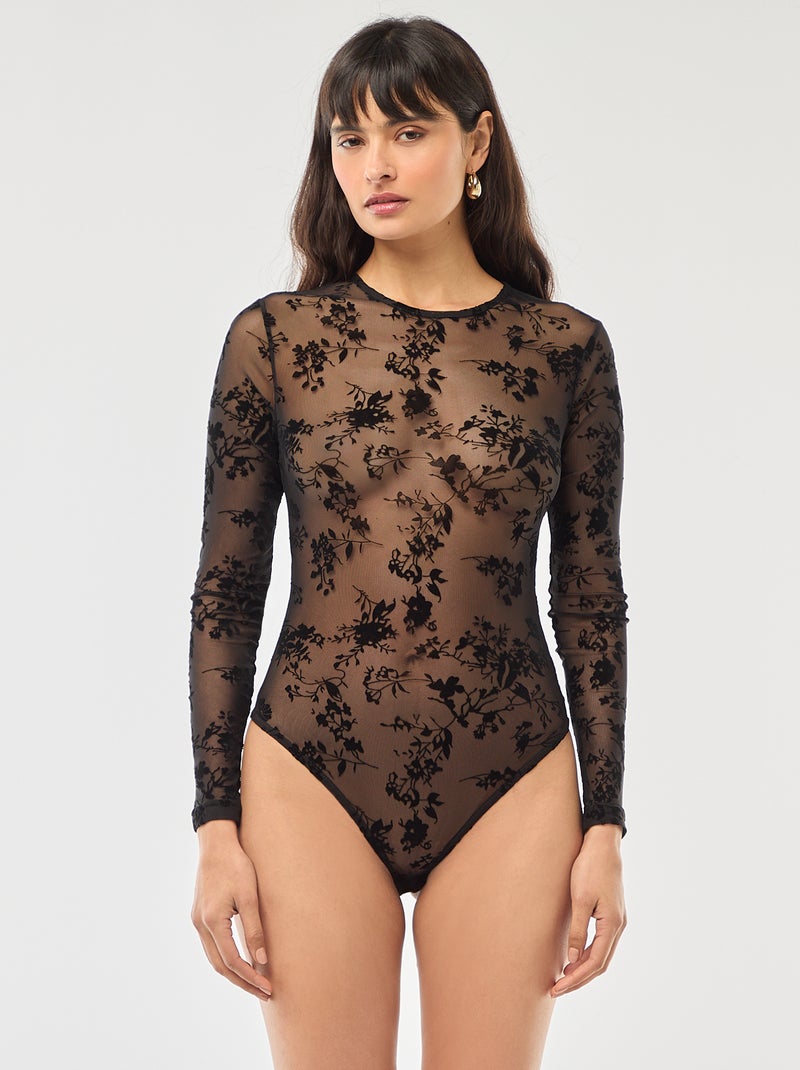 Body transparent avec fleurs en velours Noir - Kiabi