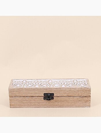 Boite à bijoux en manguier gravé cérusé blanc 25x8cm