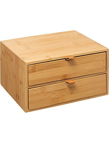 Boîte de rangement 2 tiroirs en bambou avec lanières cuir TIDY SMART