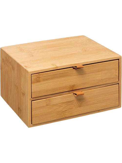 Boîte de rangement 2 tiroirs en bambou avec lanières cuir tidy smart - Kiabi
