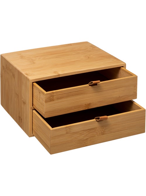 Boîte de rangement 2 tiroirs en bambou avec lanières cuir tidy smart - Kiabi