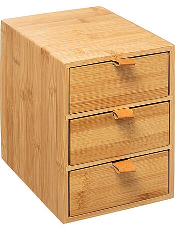 Boîte de rangement 3 tiroirs en bambou avec lanières cuir TIDY SMART