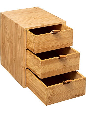 Boîte de rangement 3 tiroirs en bambou avec lanières cuir TIDY SMART
