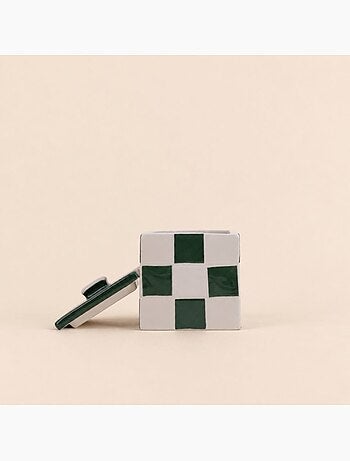 Boite en céramique motif damiers vert et blanc