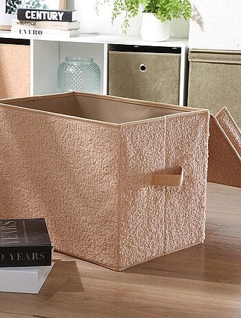 Boîte rangement haute avec couvercle tissu bouclette beige - H30 cm