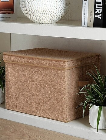 Boîte rangement haute avec couvercle tissu bouclette beige - H30 cm