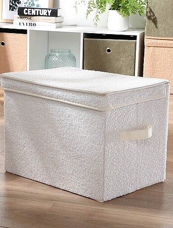 Boîte rangement haute avec couvercle tissu bouclette écru - H30 cm