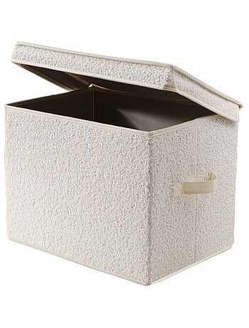 Boîte rangement haute avec couvercle tissu bouclette écru - H30 cm