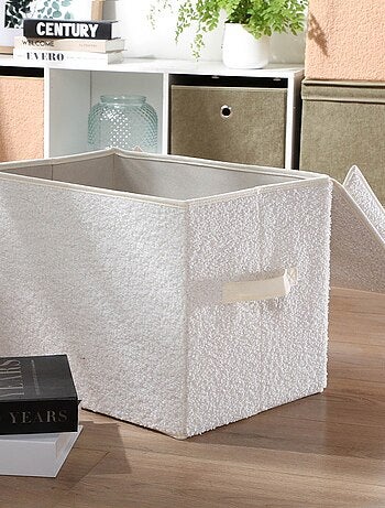 Boîte rangement haute avec couvercle tissu bouclette écru - H30 cm