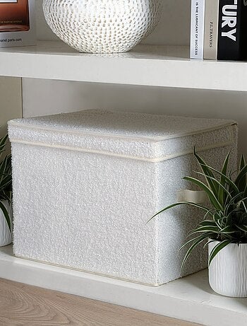 Boîte rangement haute avec couvercle tissu bouclette écru - H30 cm