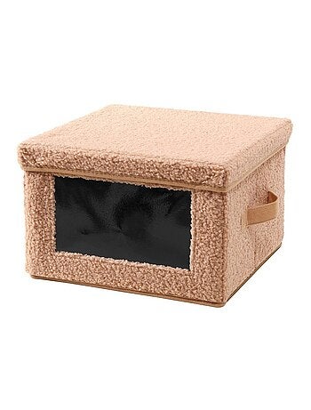 Boîte rangement tissu bouclette beige avec fenêtre - L40 cm