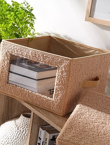 Boîte rangement tissu bouclette beige avec fenêtre - L40 cm