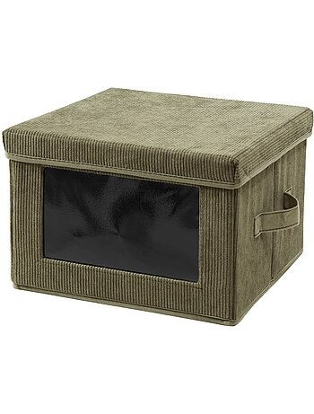 Boîte rangement tissu velours côtelé kaki avec fenêtre - L30 cm