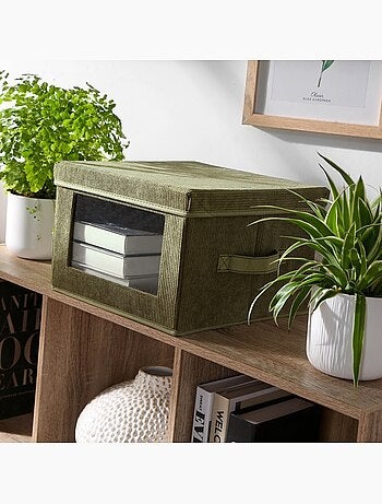 Boîte rangement tissu velours côtelé kaki avec fenêtre - L30 cm